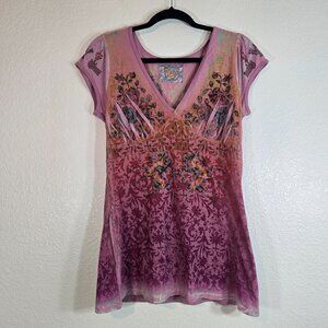 Butterfly Dropout V Neck T Shirt Tee Women Large Vtg 90s Y2K Pink Floral Fairy